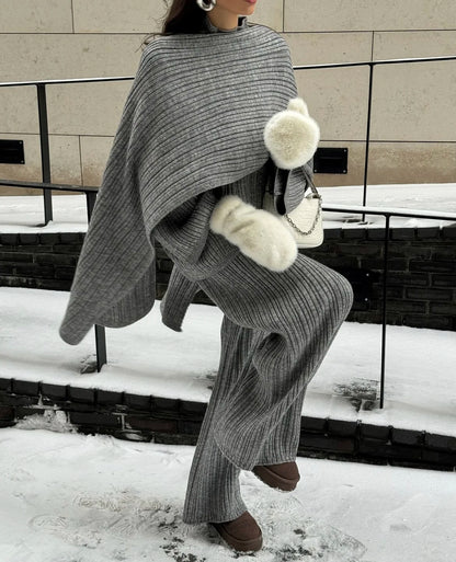 Hirsionsan Soft Elegant Vintage Women Suits 3 Pieces Female Sets O Neck Sweater & Wild Leg Pants with Scarf Knitted TrackSuit.