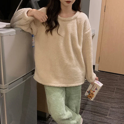 Winter Fleece Women Pajamas Set  Sleepwear Solid Velvet 2 Piece Pant Home Suit Fluffy Casual Warm Flannel Night Wear