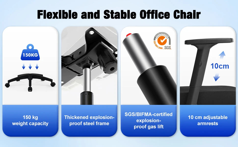 AUTHMIC Ergonomischer Bürostuhl aus Netzstoff, verstellbarer, drehbarer Computer-Schreibtischstuhl mit Liegestuhl 90er ° -135 Lordosenstütze für das Heimbüro