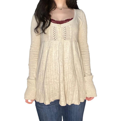 2000er Jahre Vintage Langarm Babydoll Strickpullover Tops Cottage Milkmaid Pullover Ästhetische Grunge Y2k Strickwaren T-Shirts Damen