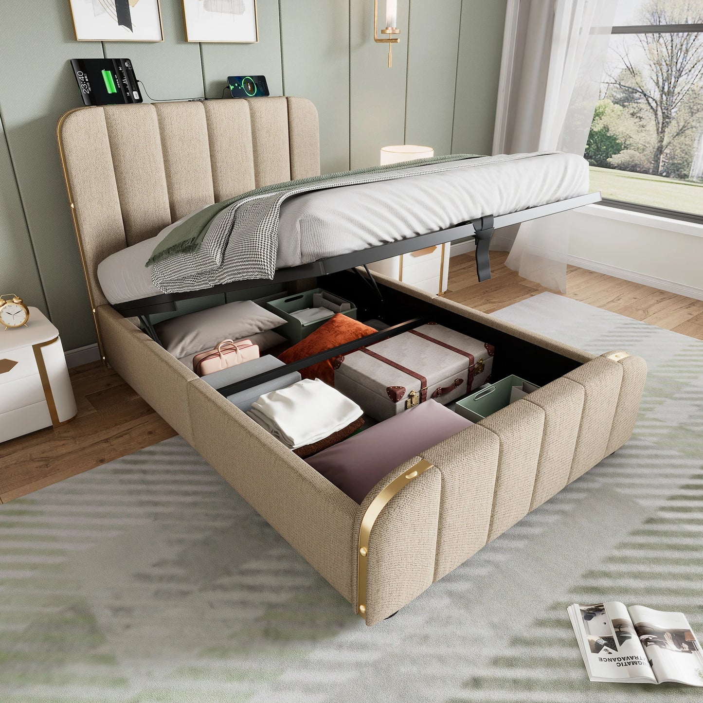 KOMHTOM Polsterbett Einzelbett 90x200 cm- mit goldenen Zierstreifen, USB Typ-C Ladefunktion, Leinen-Material, ohne Matratze