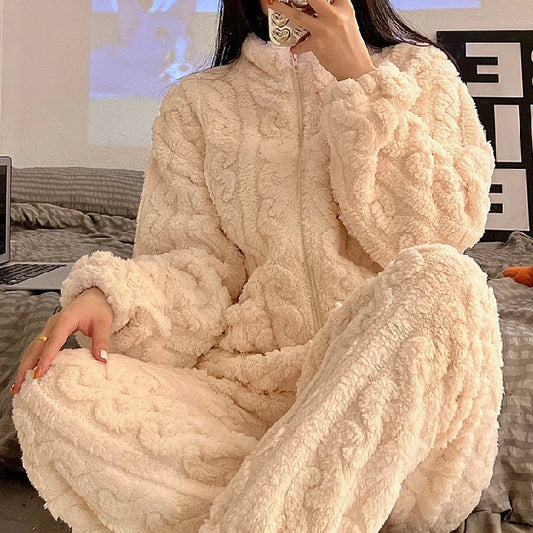 Große Größe Flanell Pyjama Set Herbst Winter Weibliche Nachtwäsche Hosen Anzug Verdicken Korallen Fleece Hohe Kragen Lounge Tragen Homewear