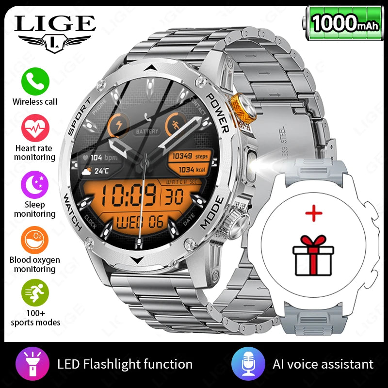 LIGE 2025 New For HUAWEI Xiaomi 1000mah AMOLED Smart Watch Men Sports Fitness LED Flashlight 3ATM Waterproof BT Call Smartwatch