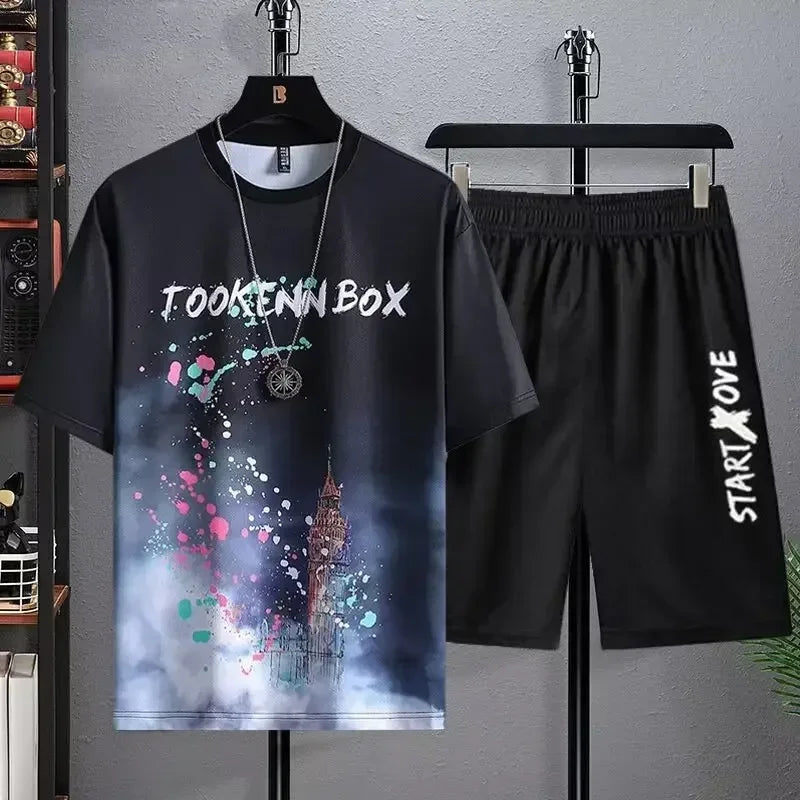 Summer Quick Drying Men's Sets Fashion tracksuits Casual Breathable Short Sleeve 3D Printed Sports T-shirt+Shorts Basketball Set.