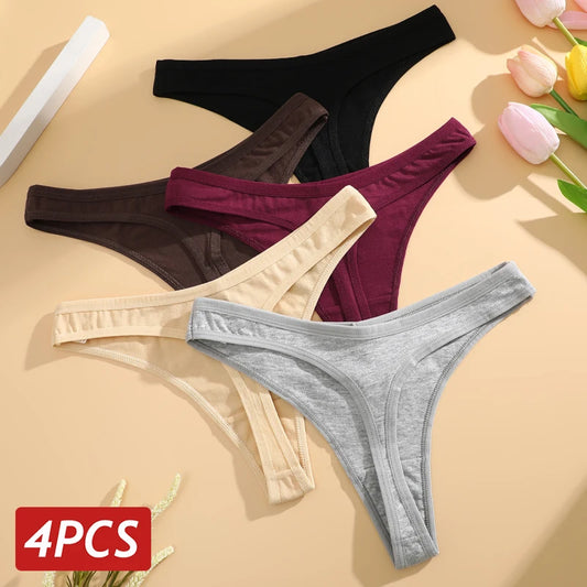 4PCS/Set Women Cotton Panties Seamless Low Rise Thongs V-Waist Solid Color Breathable Underwear Female Soft Lingerie Intimates.