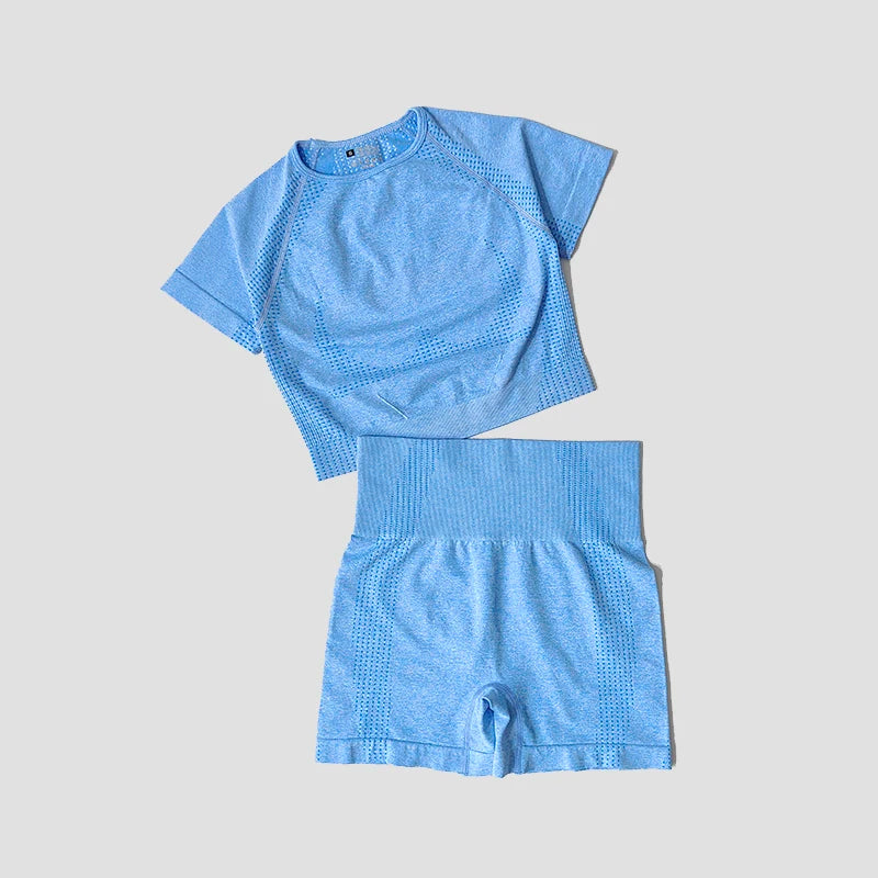 Seamless Women Yoga Set Crop Top Short Sleeve Shirt Fitness Shorts Workout Clothes For Women Gym Clothing Yoga Sport Set