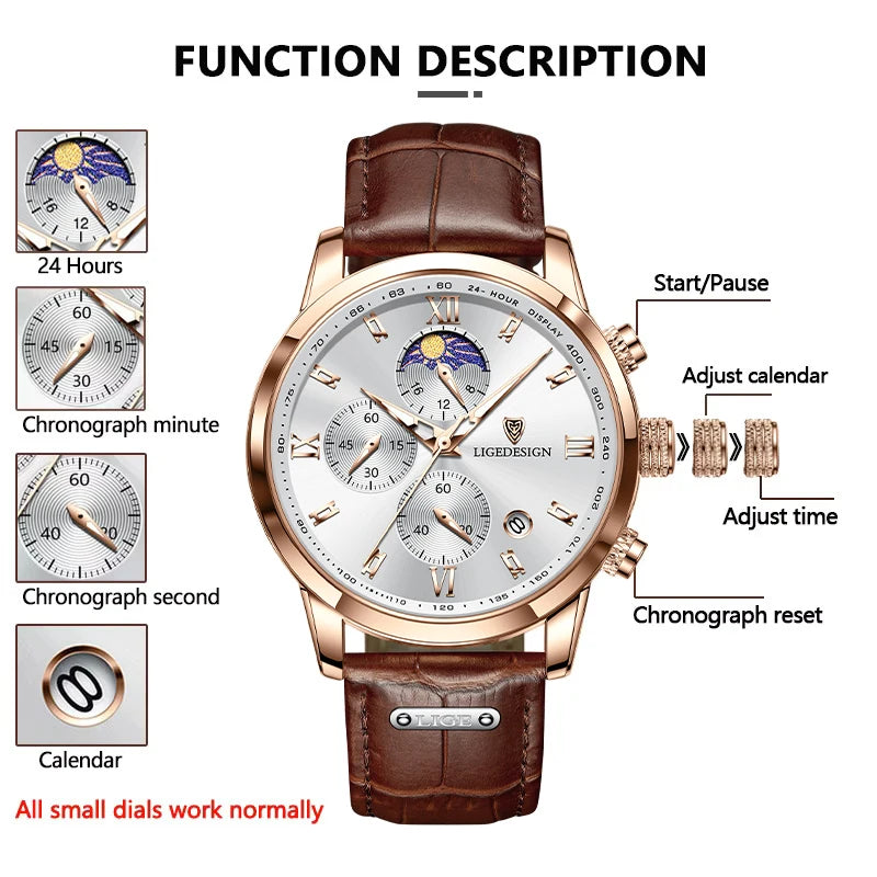 LIGE Luxury Fashion Women Watch Leather Strap Waterproof Casual Sport Quartz Wristwatch 24 hour Moon Phase Clock Watch for Women.