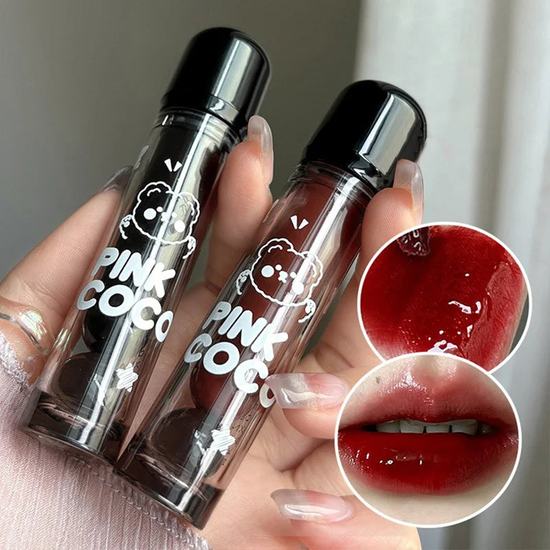 PINKCOCO Bear Doodle Mirror Lip Glaze — Long-Lasting Shiny Lip Gloss, Student-Friendly, Skin-Brightening Nude Lipstick.