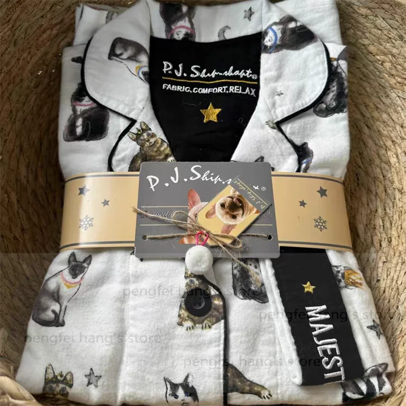 Black Cartoon Sleepwear Long Sleeve Top Pant Soft Cotton Pajamas Suit 2Pcs Embroider Letter Homewear Lady Autumn Loungewear.