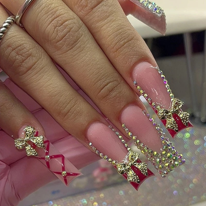 24Pcs Sweet Cool Spice Girl Press on Nails Black French Bow False Nails Y2k Star Glitter Diamond Nail Long Square Gel Fake Nails.