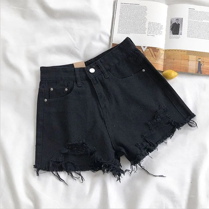 Korean Denim Shorts Women Summer Fashion Casual High Waist Ripped Jeans Pocket Tassel Y2K Hot Pants Streetwear Blue Trousers.