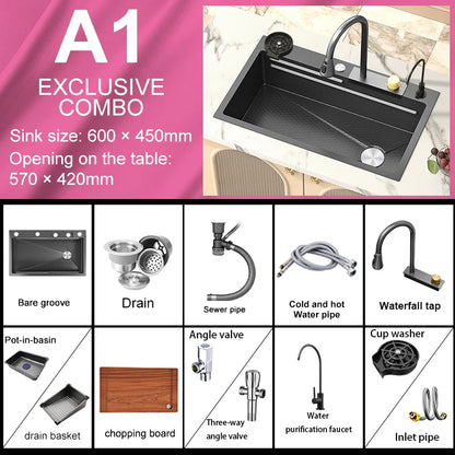 Waterfall Sink Kitchen Stainless Steel Topmount Sink Embossed Large Single Slot Wash Basin With Multifunction Tank Low Price