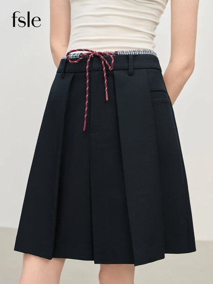 FSLE Double Waist Fake Two-piece Plaid Splicing Drawstring Skirt 2025 Autumn New Style Skirt 25FS13096.