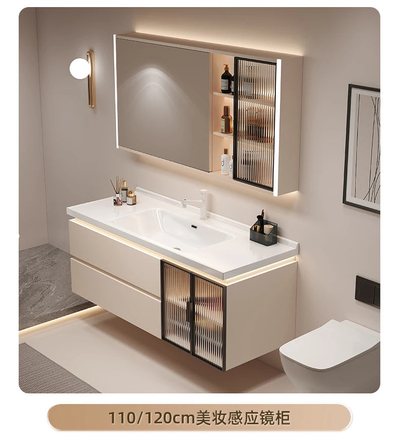 Cremefarbener Wind-Badezimmerschrank, integriertes Waschbecken aus Keramik, WC-Waschbecken-Kombination