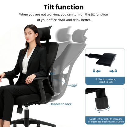 Durrafy Ergonomischer Bürostuhl, drehbarer Arbeitsstuhl mit verstellbarer Lordosenstütze und Armlehnen, für Home-Office-Gaming