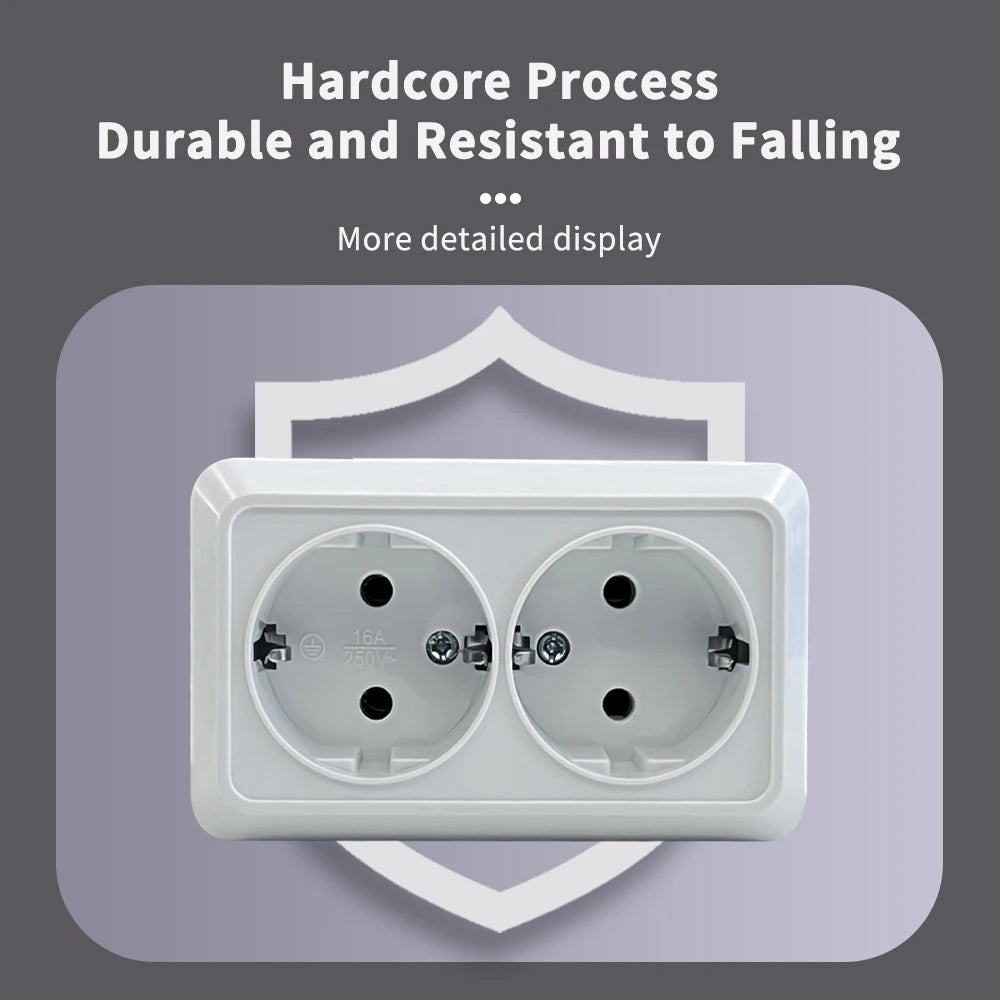 WESA Weiße Wandoberfläche, 2-Steckdosen, EU-Außensteckdosen mit Erdungssteckdose, flammhemmende Farbe aus Kunststoff.