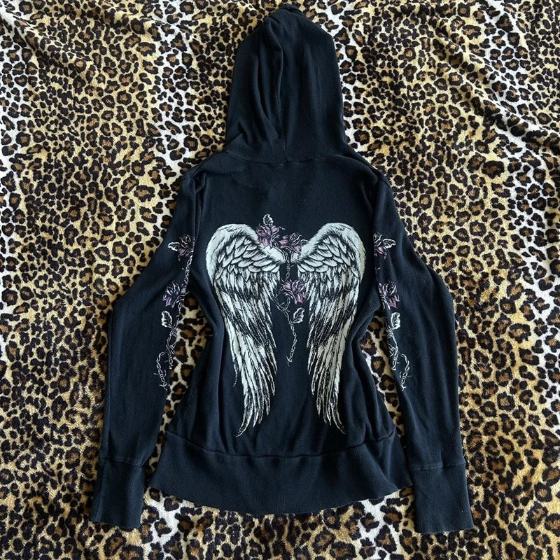 00s Aesthetic Vintage Jacket Y2k Grunge Zip Up Sweatshirt Flower Wings Print Slim Fit Hoodies E-girl Gothic Cool Street Outwear.