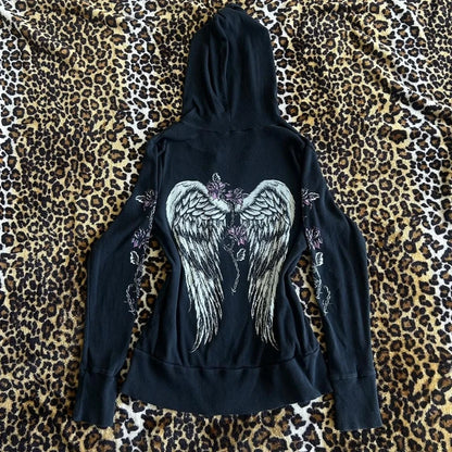 00s Aesthetic Vintage Jacket Y2k Grunge Zip Up Sweatshirt Flower Wings Print Slim Fit Hoodies E-girl Gothic Cool Street Outwear.