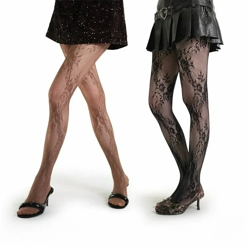 Classic Lolita Hollowed Out Lace Mesh Stockings Bottomed Pantyhose Japanese Lolita Retro Floral Rattan White Hosiery Hot Tights