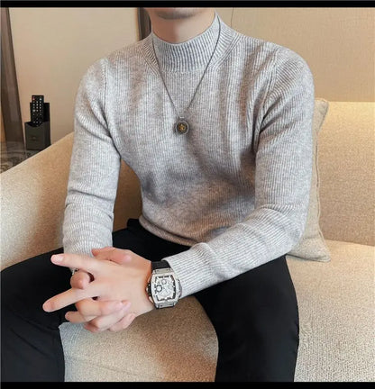 Half Turtleneck Sweater Men with Striped Wool in Autumn Winter Thickened Slightly Loose Base Knitted.