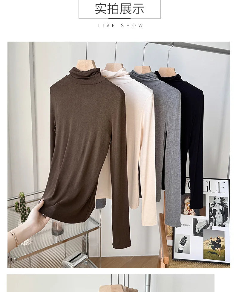 Yuyue Women's High-necked High Strecth Bottoming Shirt Old Money Style Silk Pile Collar Base Top Contain Mulberry Silk and Wool.