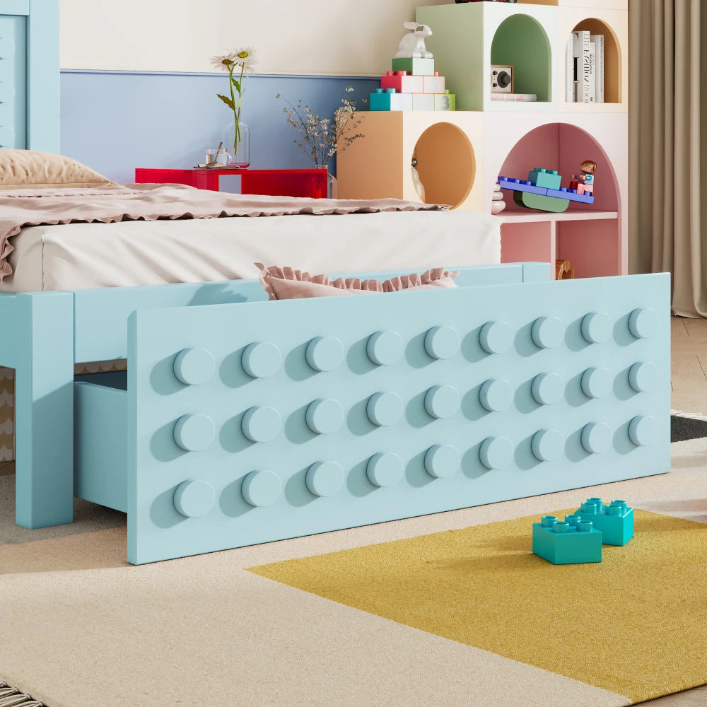 Jugendbett mit kreativem Blockdesign, Gestell aus Massivholz mit Gitterrost, mit Stauraum unter dem Bett, ohne Matratze