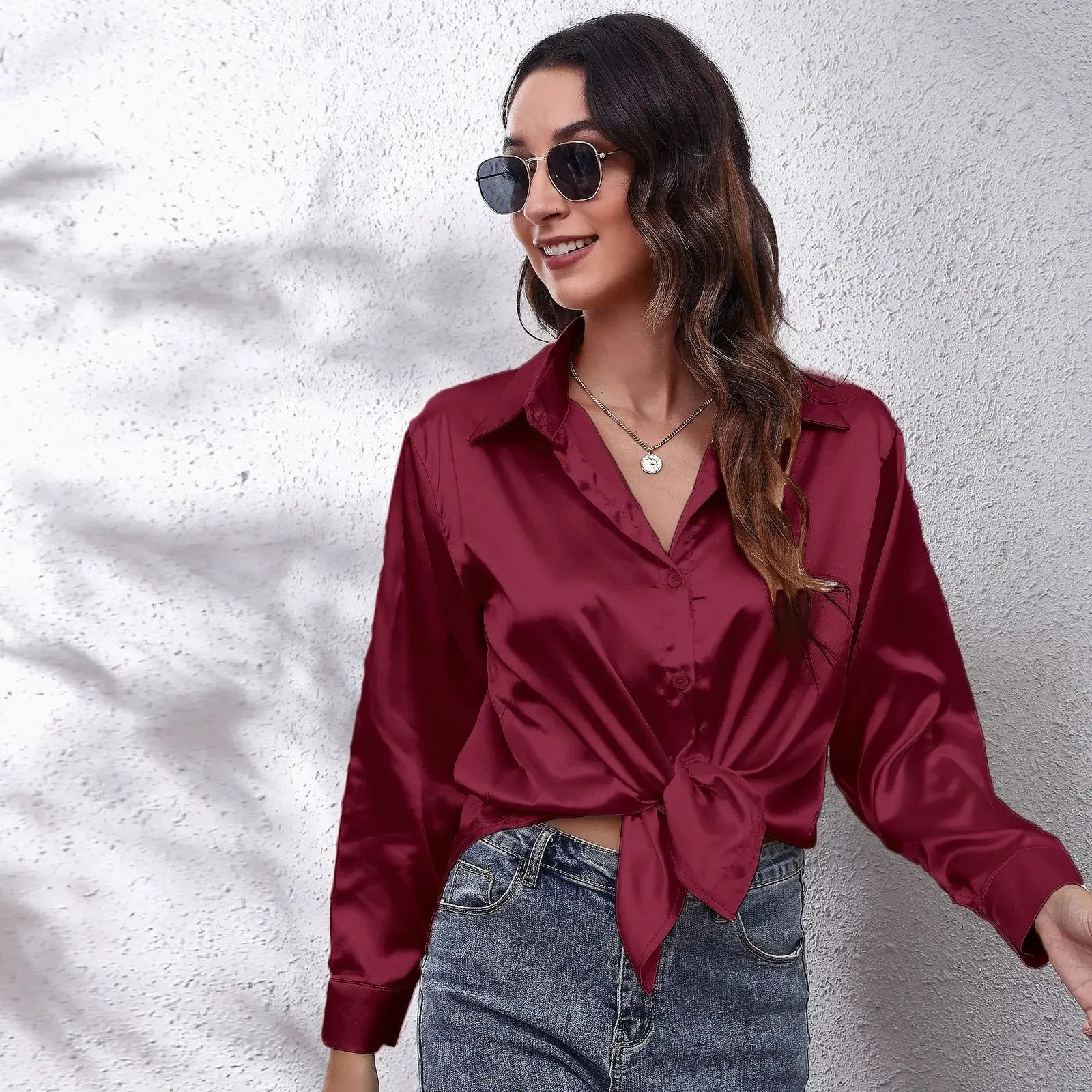 Autumn Women Solid Satin Shirt Long Sleeve Imitation Silk Loose Button Up Blouse Shirt Ladies Tops Fashion Clothing.