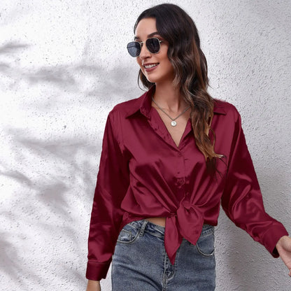 Autumn Women Solid Satin Shirt Long Sleeve Imitation Silk Loose Button Up Blouse Shirt Ladies Tops Fashion Clothing.