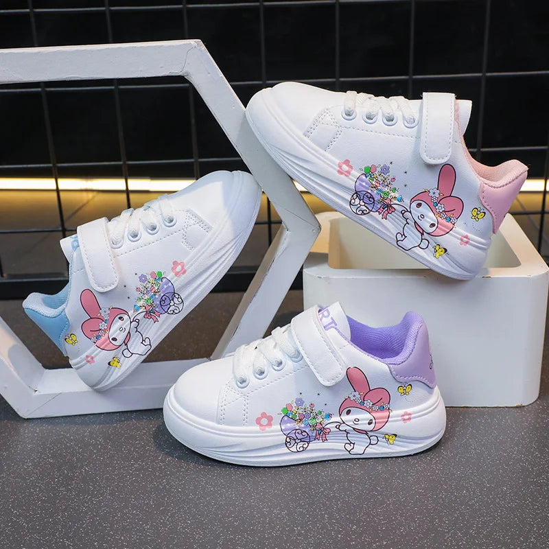 Baby Girls White Shoes Kids Casual Sneakers Cartoon Soft Breathable Fashion Children White PU Leather Shoes Size 26-37.