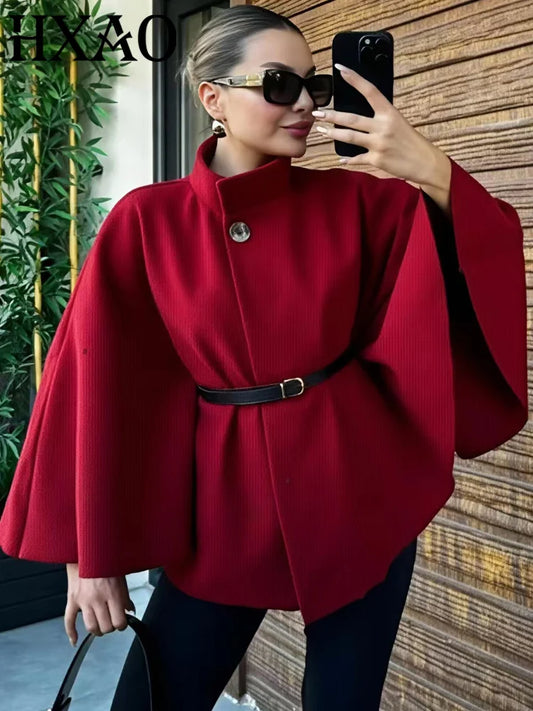 HXAO Damenjacken, übergroße Gürtel-Tunika-Jacke, Herbst-Wintermantel, weiblich, rot, braun, schwarz, Jacke, abgeschnittene Oberbekleidung mit Fledermausärmeln