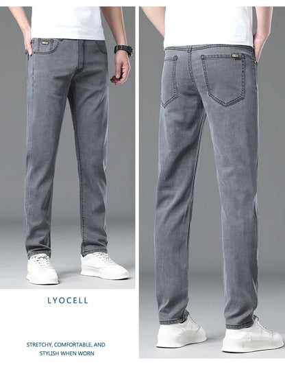 Summer Lyocell Ultra-thin Jeans Men Straight Stretch Breathable Denim Pants Fashion Business Casual Male Trousers Black Gray.