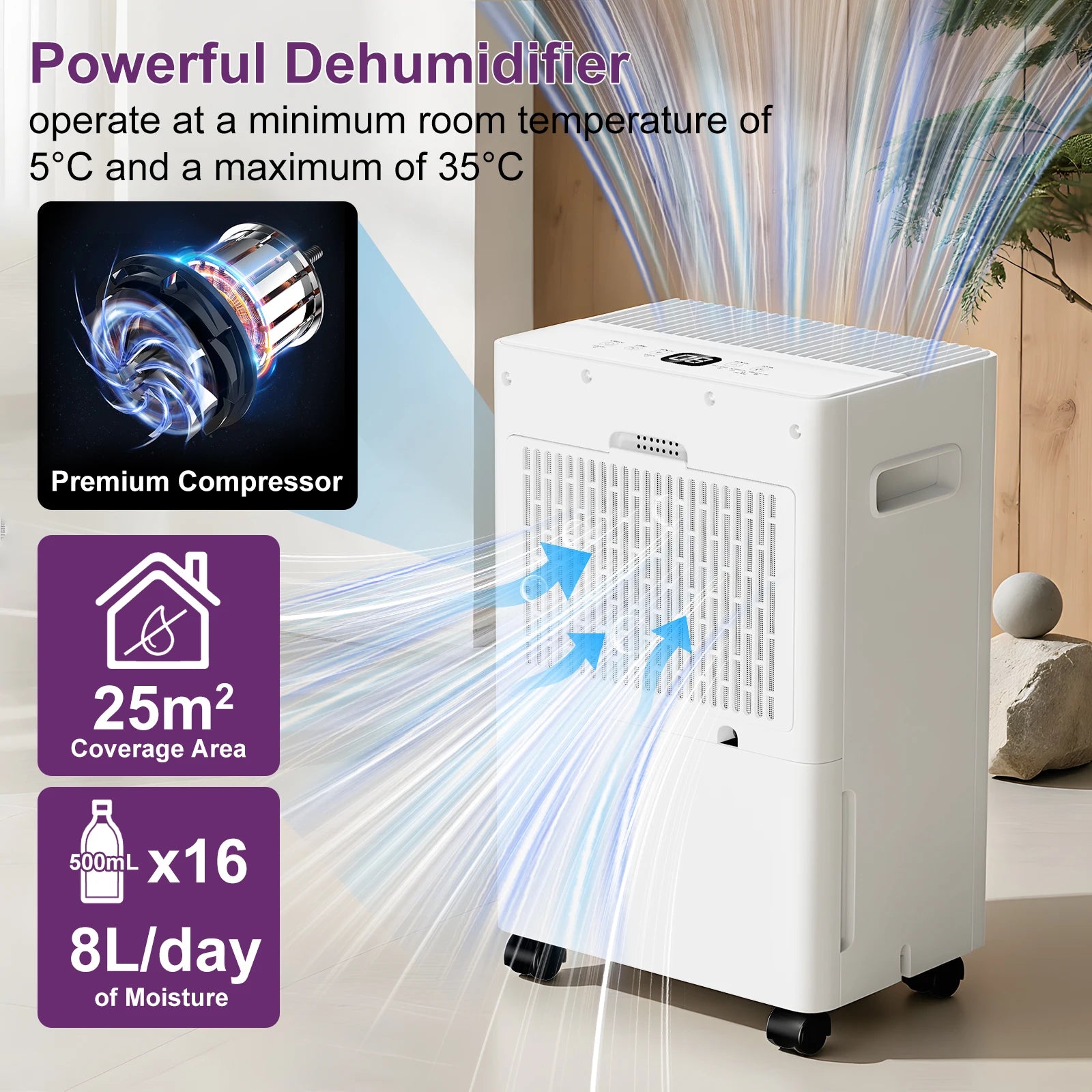 LOEFME 8L Electric Dehumidifier with Automatic Humidity Sensor & Display 24Hr Timer, Laundry Drying, Continuous Drainage 1m & 3m.