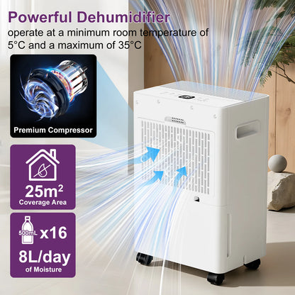 LOEFME 8L Electric Dehumidifier with Automatic Humidity Sensor & Display 24Hr Timer, Laundry Drying, Continuous Drainage 1m & 3m.