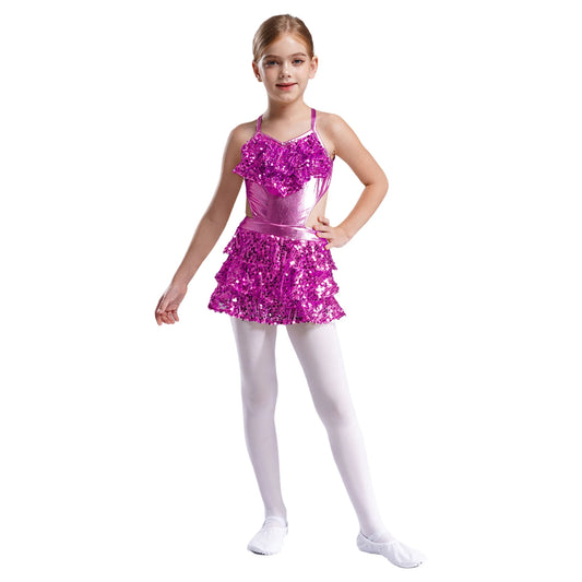 Kinder Mädchen Pailletten Jazz Ballett Tanzkleid Ärmellos Ausschnitt Tiered Rüschen Trikot Salsa Samba Rumba Skating Performance Kostüm