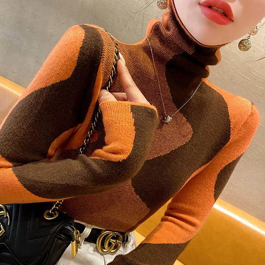 Women Clothing Vintage Fashion Slim Turtleneck Sweaters Autumn Winter Elegant Chic Patchwork Knit Pullovers Office Lady Tops.