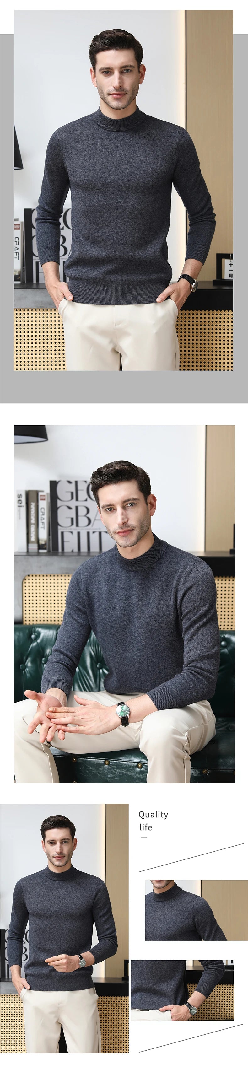 High End 100% Wool Thick New Autum Winter Fashion Brand Pullover Knit Half Turtleneck Business Sweater Casual Men Clothing.