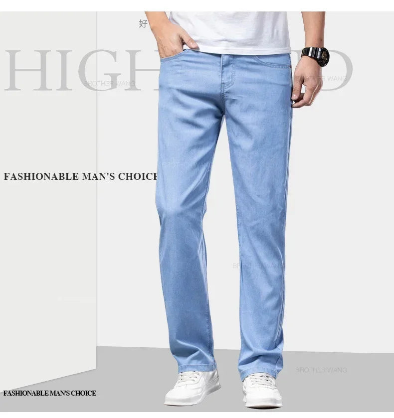 Summer Ultra Thin Men's Loose Jeans Lyocell Ice Silk Fashion Casual Business Denim Pants Straight Stretch Male Trousers.