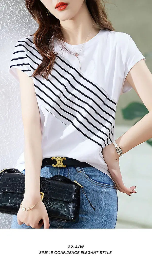 Color Block Striped Slimming T Shirt Women Casual Short Sleeve Top.