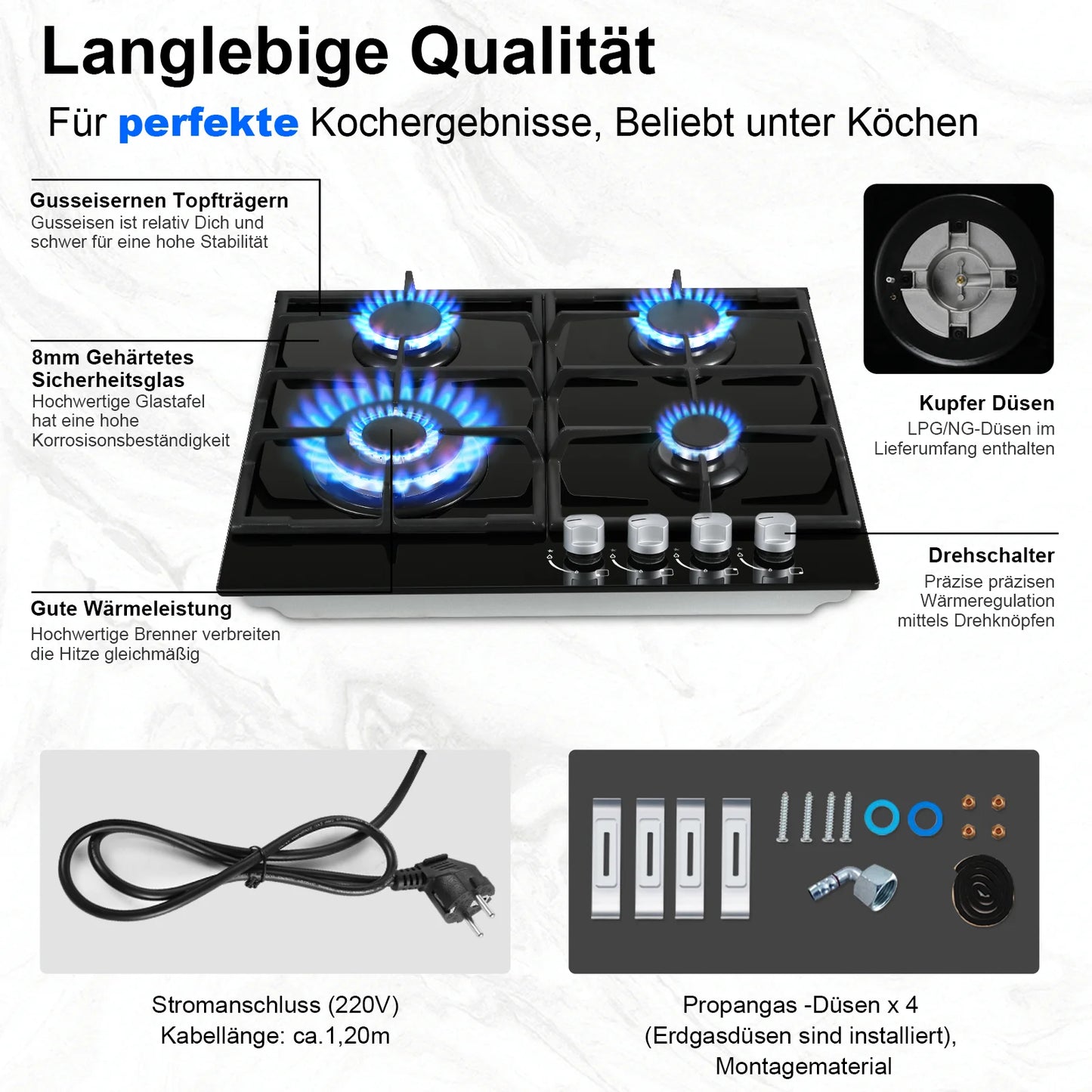 ‌58cm Gas Hob | 4 Burner Dual Fuel (NG/LPG) 8060W Auto Flame Shut-off & Tempered Glass Surface | Built-in/Freestanding 220-240V.