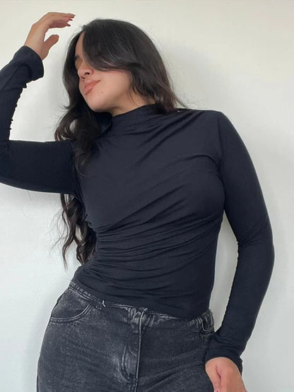Turtleneck Women Tees Sexy Slim Long Sleeve Pleated All-match Basic Lady T-shirts Spring Autumn Fashion Chic Female Top 2025.