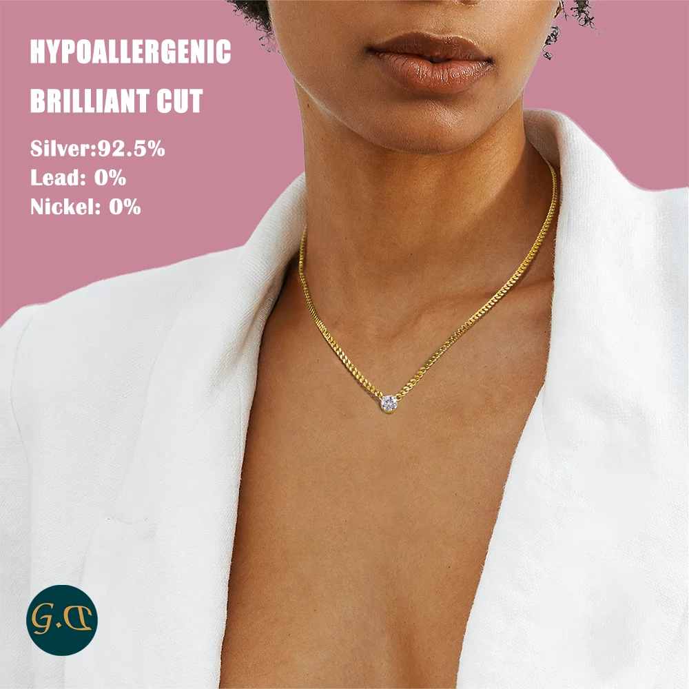 1ct 2ct 3ct Moissanite Cuban Chain Pendant Necklace - Elegant Design in 18K Gold Plated S925 Sterling Silver for Women.