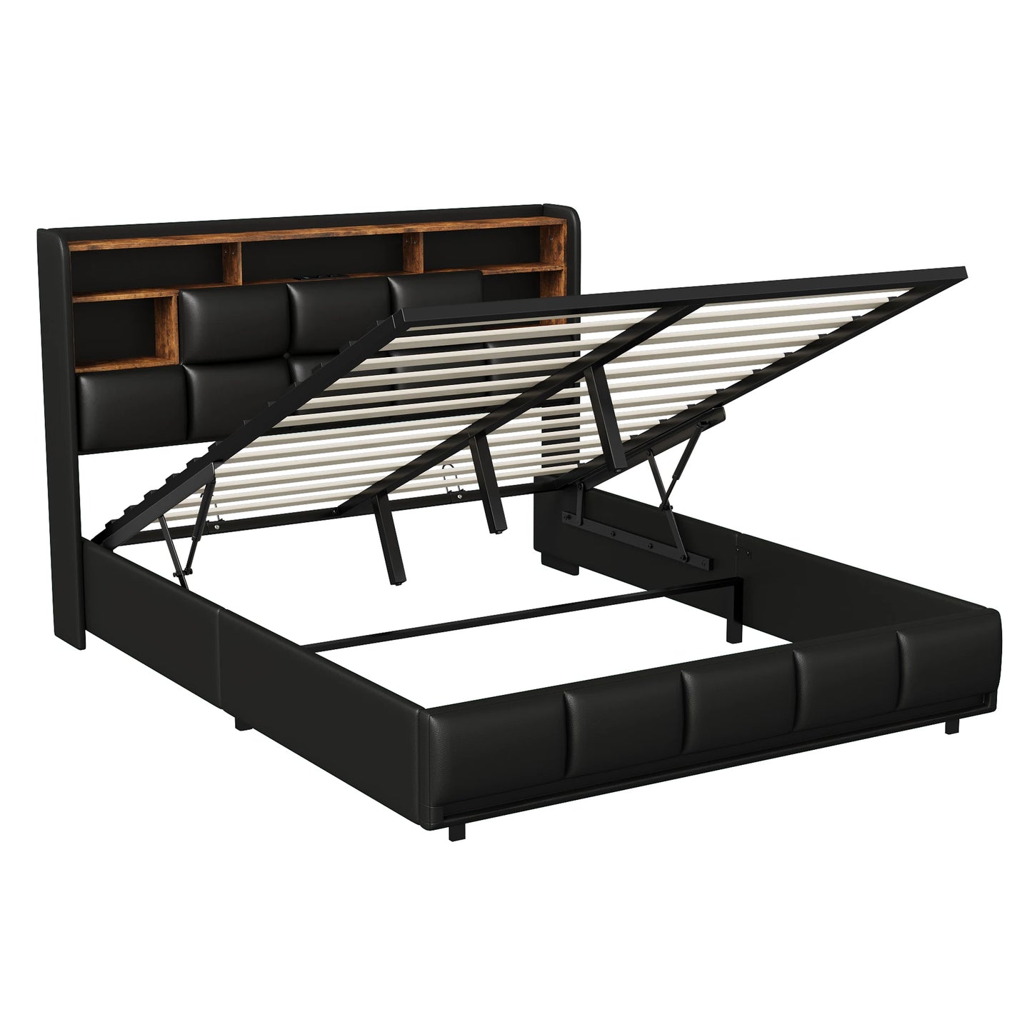 Lazyspace Modernes PU-Polsterbett, Doppelbettgestell, hydraulisches Bett mit Stauraum, Kopfteil mit LED-Licht und Ablagefach