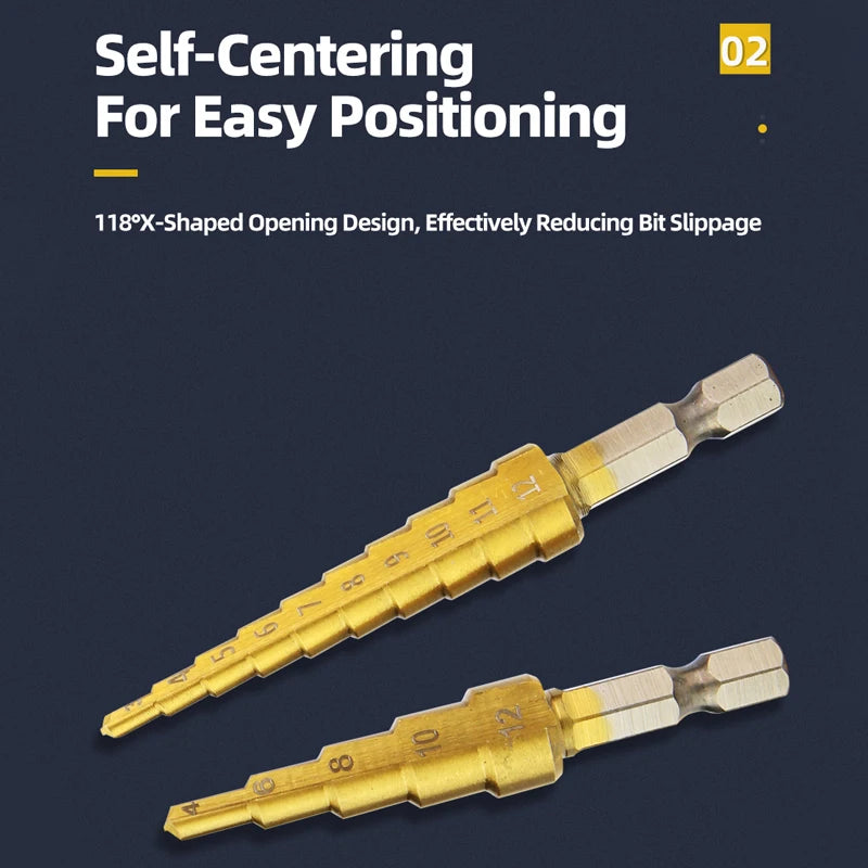 TOOLEYE HSS Titan Stufenbohrer Bühnenbohrer für Metall Holz Hochgeschwindigkeits-Stufenbohrer-Set Elektrowerkzeuge 3-12 4-12 4-20 4-32 mm