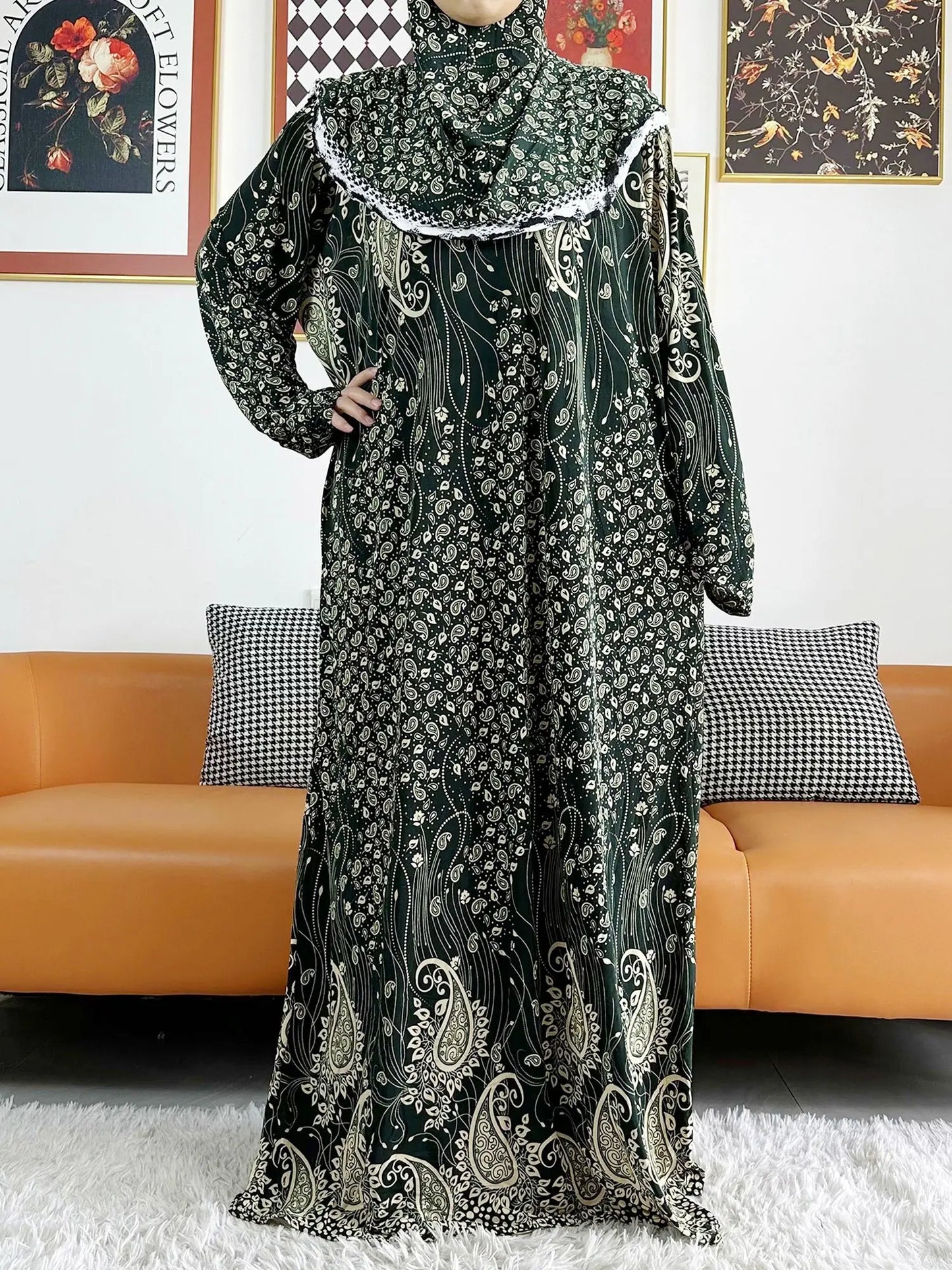 2023 Muslim Solid Cotton Abaya For Women Ramadan Prayer Garment Joint Hat Dubai Turkey Middle East Femme Robe Floral Loose Dress.