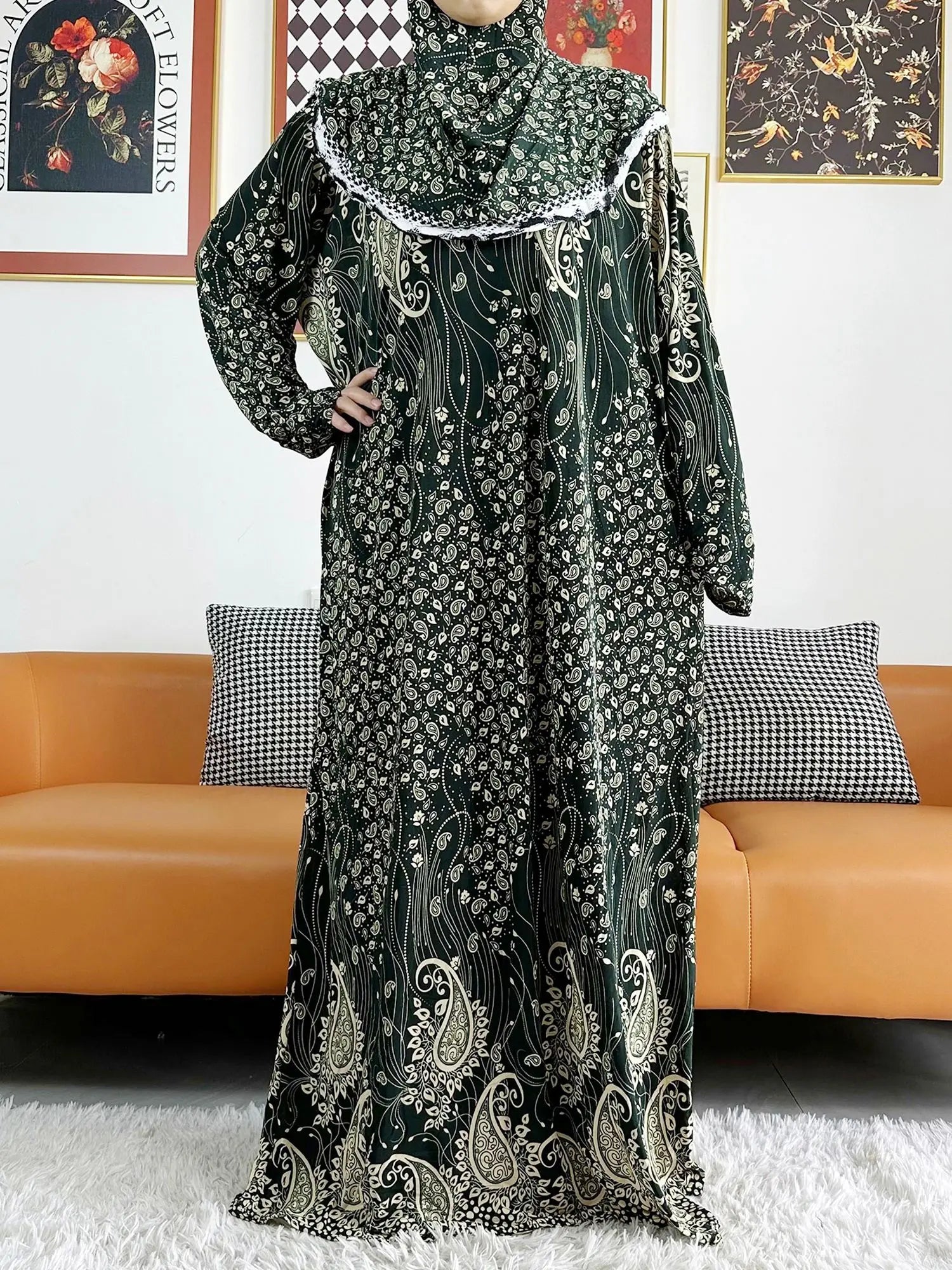 2023 Muslim Solid Cotton Abaya For Women Ramadan Prayer Garment Joint Hat Dubai Turkey Middle East Femme Robe Floral Loose Dress.