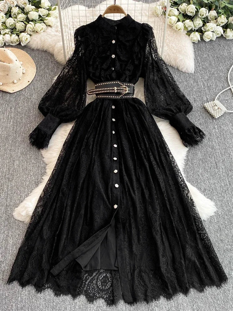 Neue Frühling Herbst Spitze Kleid für Frauen Weiß Schwarz Elegante Taille Langarm Stil Geburtstag Party Kleid Weibliche C186.