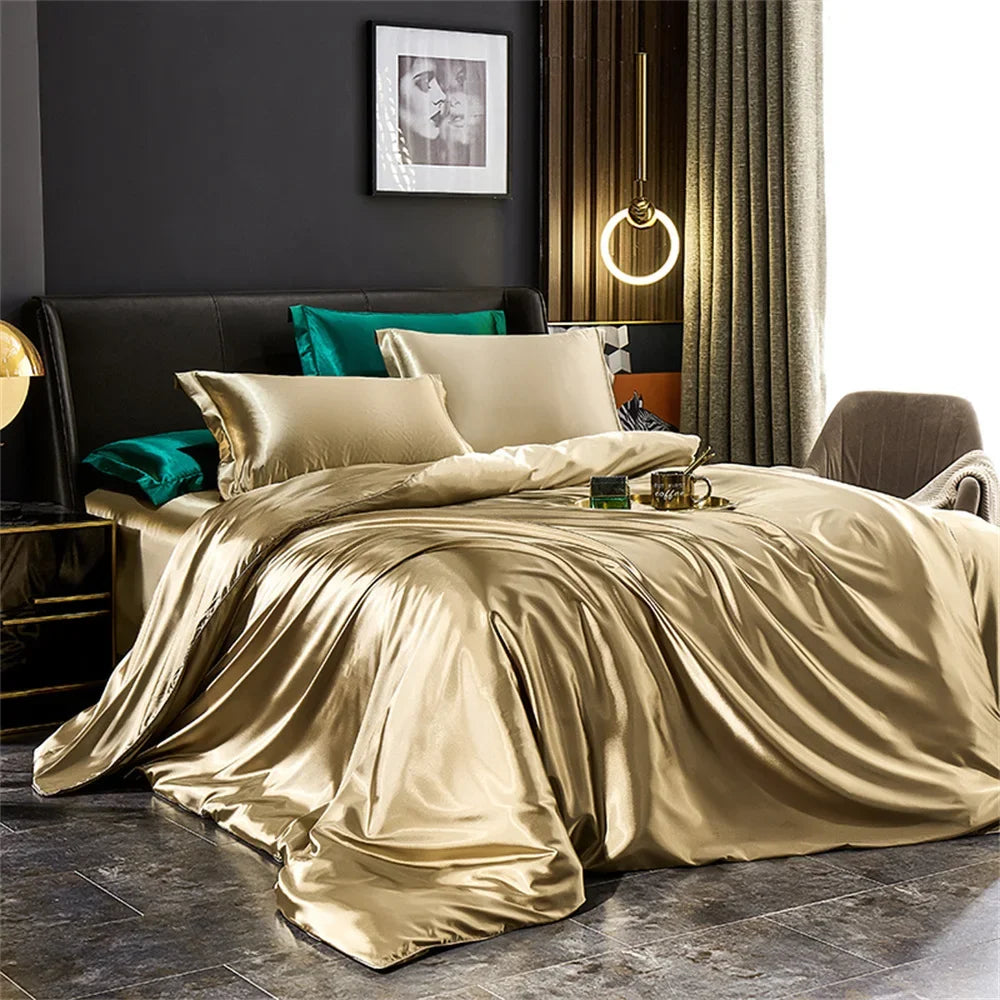 Solid Silk Bedding Set with Duvet Cover Bed Sheet Pillowcases Luxury Satin Single Double Bedsheet King Queen Twin Size.