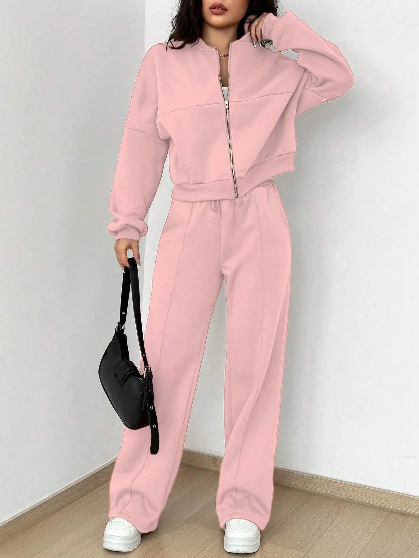 Autumn Winter New Cardigan Zipper Slim Two-piece Sets Women Casual Jakcet Coats Wide Leg Pant Set Fashion Female Clothing Suit.