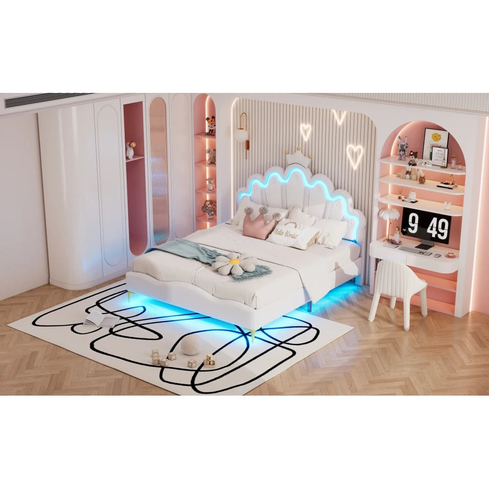 Polsterbett ohne Matratze, ferngesteuertes Umgebungslichtbett mit 2 Schubladen, kronenförmiges Prinzessinnenbett, verstellbarer Kopf, PU, Weiß