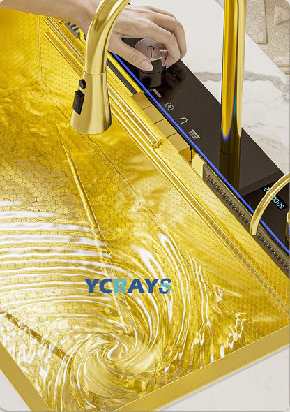 YCRAYS White Nano Kitchen Sink Large Single Slot Waterfall Integrated Digital Display Faucet Soap Dispenser Cup Washer Pure Tap